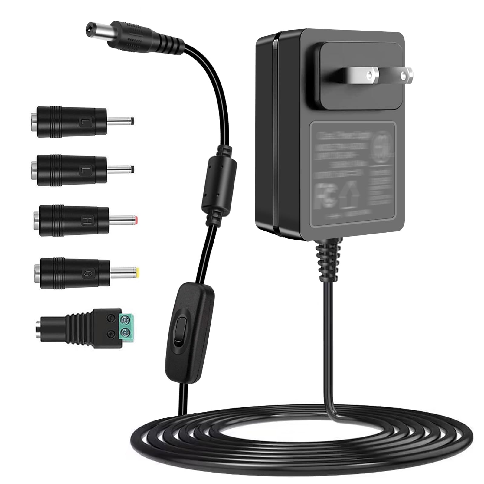 TKDY 12V 2A Power Supply AC Adapter 100-240V 50-60Hz, for 12 Volt LED Light Strip, 12Vdc CCTV Camera, DC12V Router, Speaker, LCD Monitor. 24W Power Converter with On/Off Switch & 5 Tips.