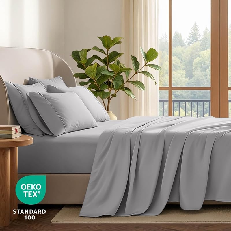 Bare Home Sheet Set 1800 Ultra-Soft with 4 Pillowcases (Queen, Light Grey) image 6