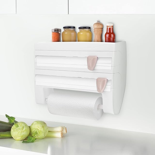 Wall roll holder, kitchen roll dispenser for 3 rolls, foil cutter for smooth cutting edges, paper roll holder for handy films, for paper towels up to 28 cm (white)