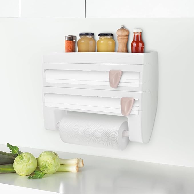 Wall roll holder, kitchen roll dispenser for 3 rolls, foil cutter for