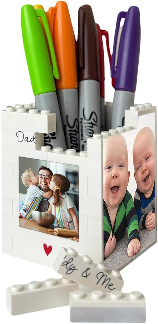 Personalized Daddy & Me Building Blocks Desk Pen Pencil Holder Custom Name Office Organizer Cute Toy Theme Stationery Stand Father's Day Present From Kids Desk Decor For Dad Present