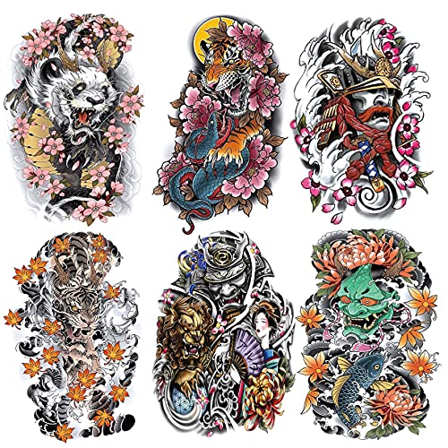 Oottati 6 Sheets Arm Fake Waterproof Temporary Tattoos Stickers Colorful Japanese Prajna Tiger Panda Lotus Koi Carp Samurai