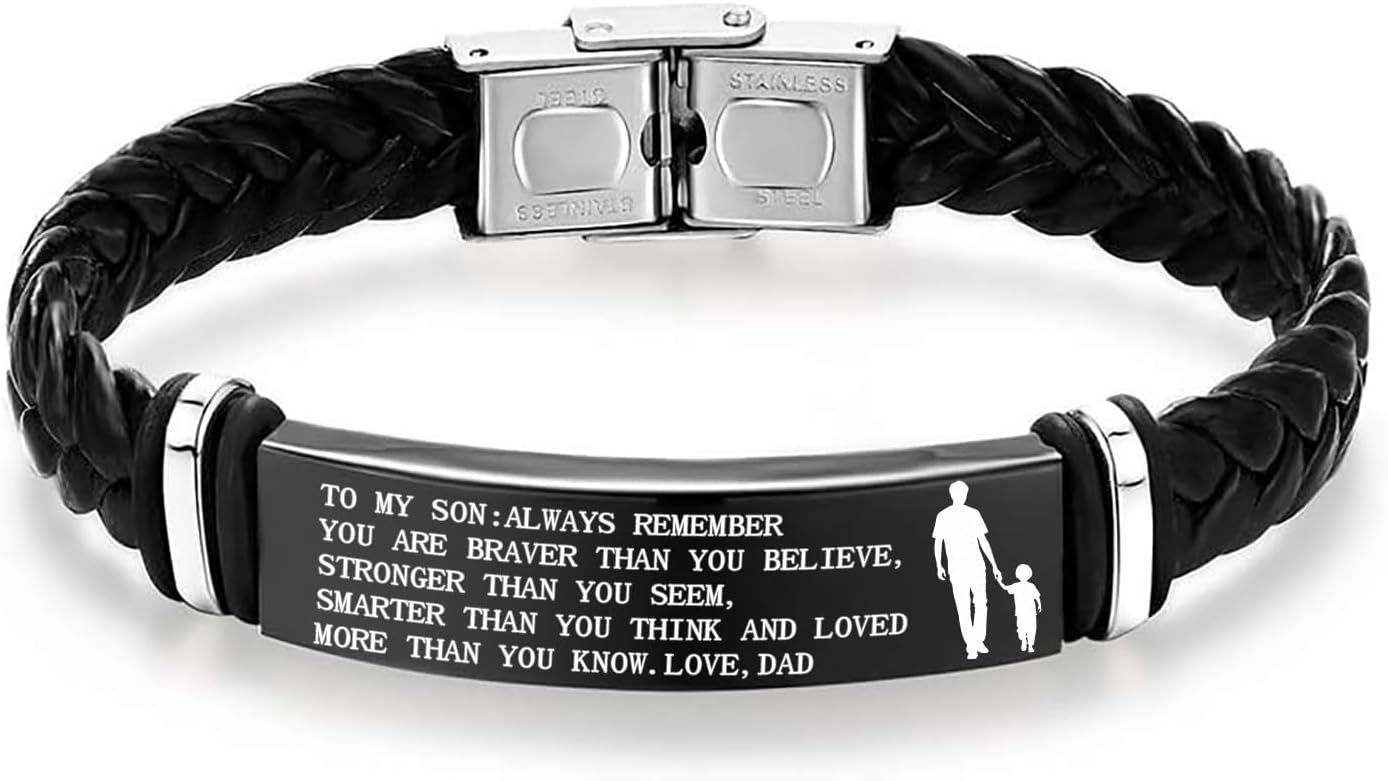 To My Son Bracelet, Inspirational Braided Leather Stainless Steel Inspirational Bracelet Son Gifts from Mom Dad