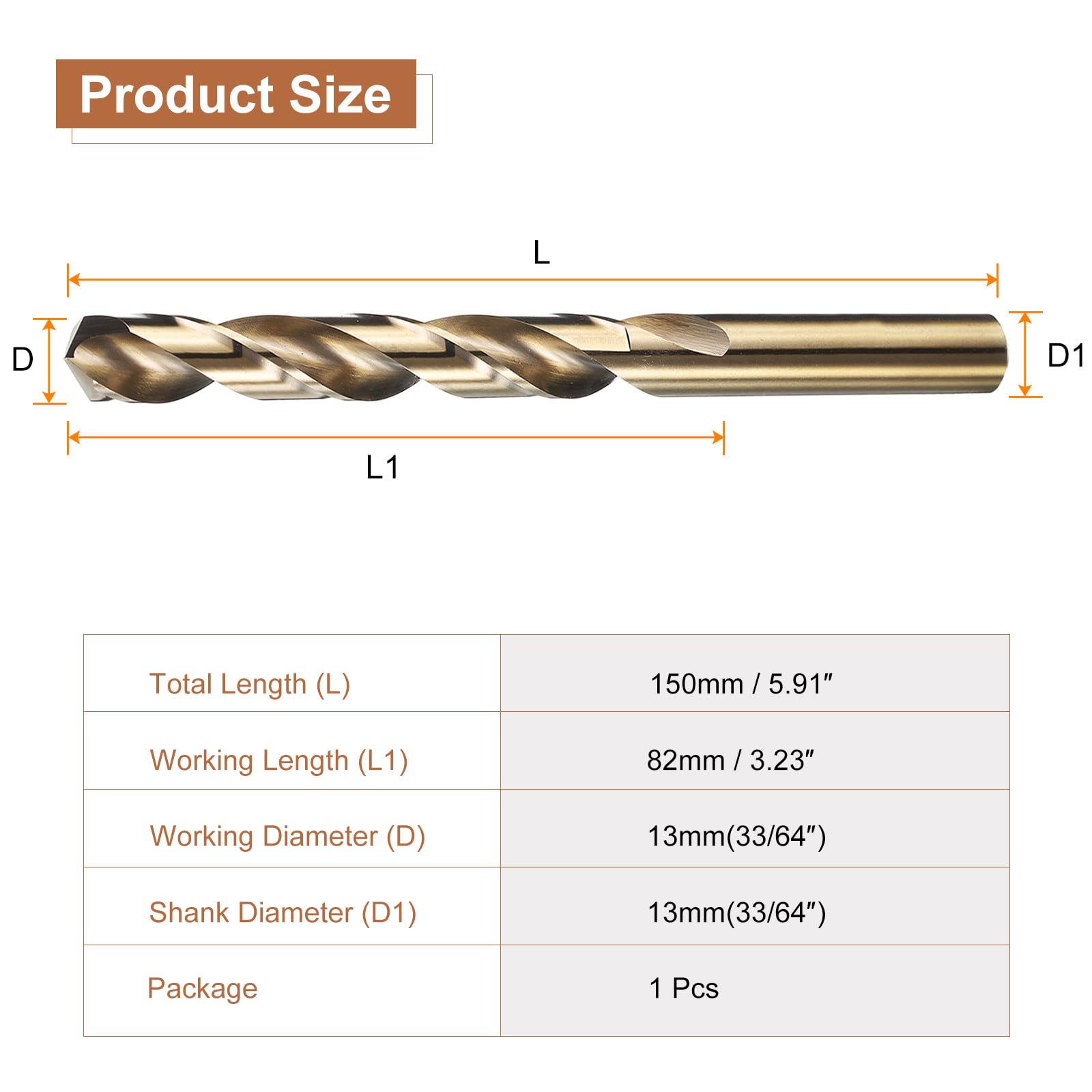 QUARKZMAN 1pcs M35 Cobalto Brocas Helicoidal 13mm(33/64") Diámetro Acero de Alta Velocidad Brocas Métrica con Recubrimiento de Titanio para Taladrar Metales Duros Acero Inoxidable Fundido