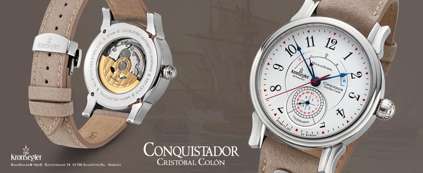 Kronsegler Conquistador Stahl - Weiß | Automatik Herrenuhr mit Gangreserveanzeige | Saphirglas, Zeigerdatum, Lederband, Faltschließe