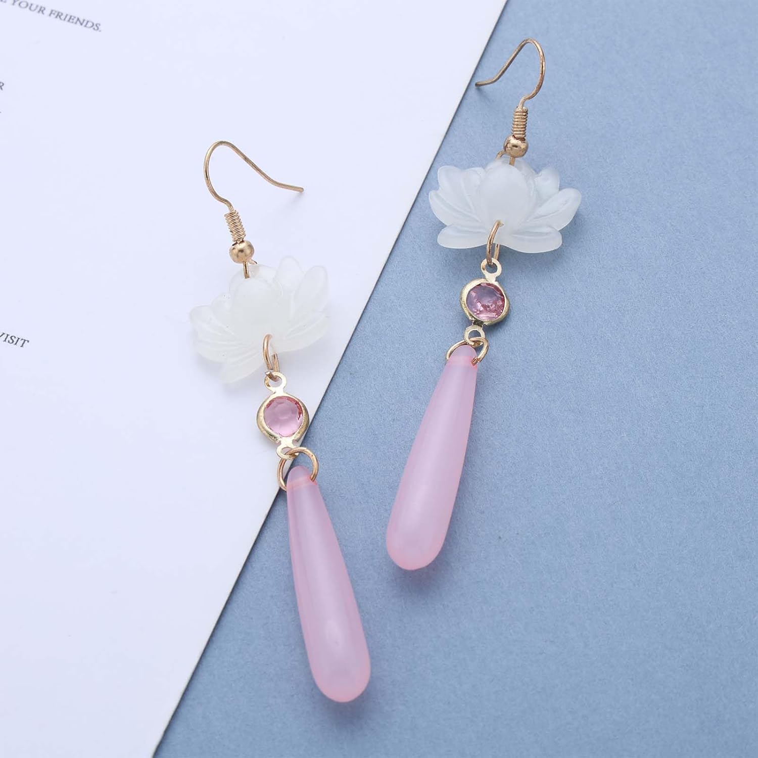 Vintage Lotus Flower Dangle Earrings Pink Floral Drop Earrings Long Teardrop Earring Acrylic Waterdrop Earring Water Lily Jewelry for Women - Image 4