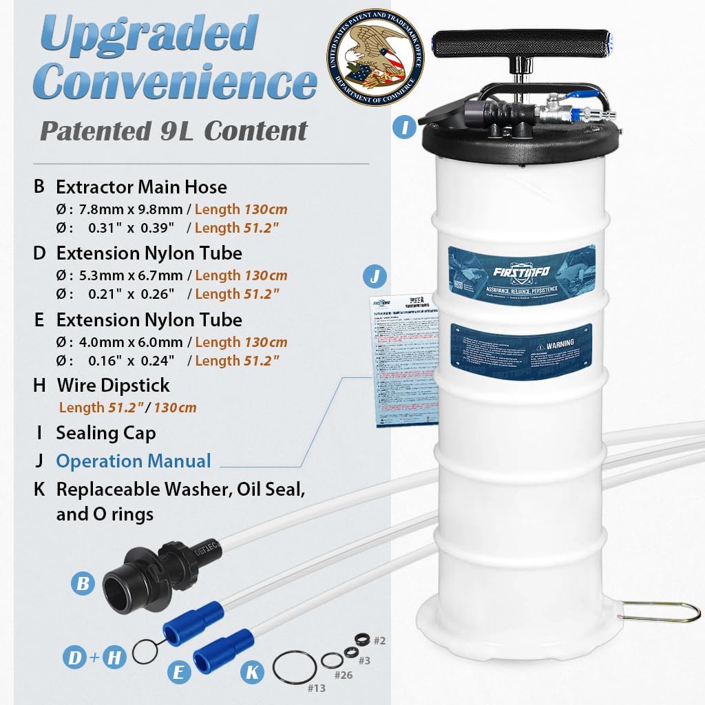 FIRSTINFO A1108USY3 Patented 9L / 2.3 Gallon Taiwan Pneumatic/Manual Oil Vacuum Extractor | Oil Change Pump | 47 Inch Tube