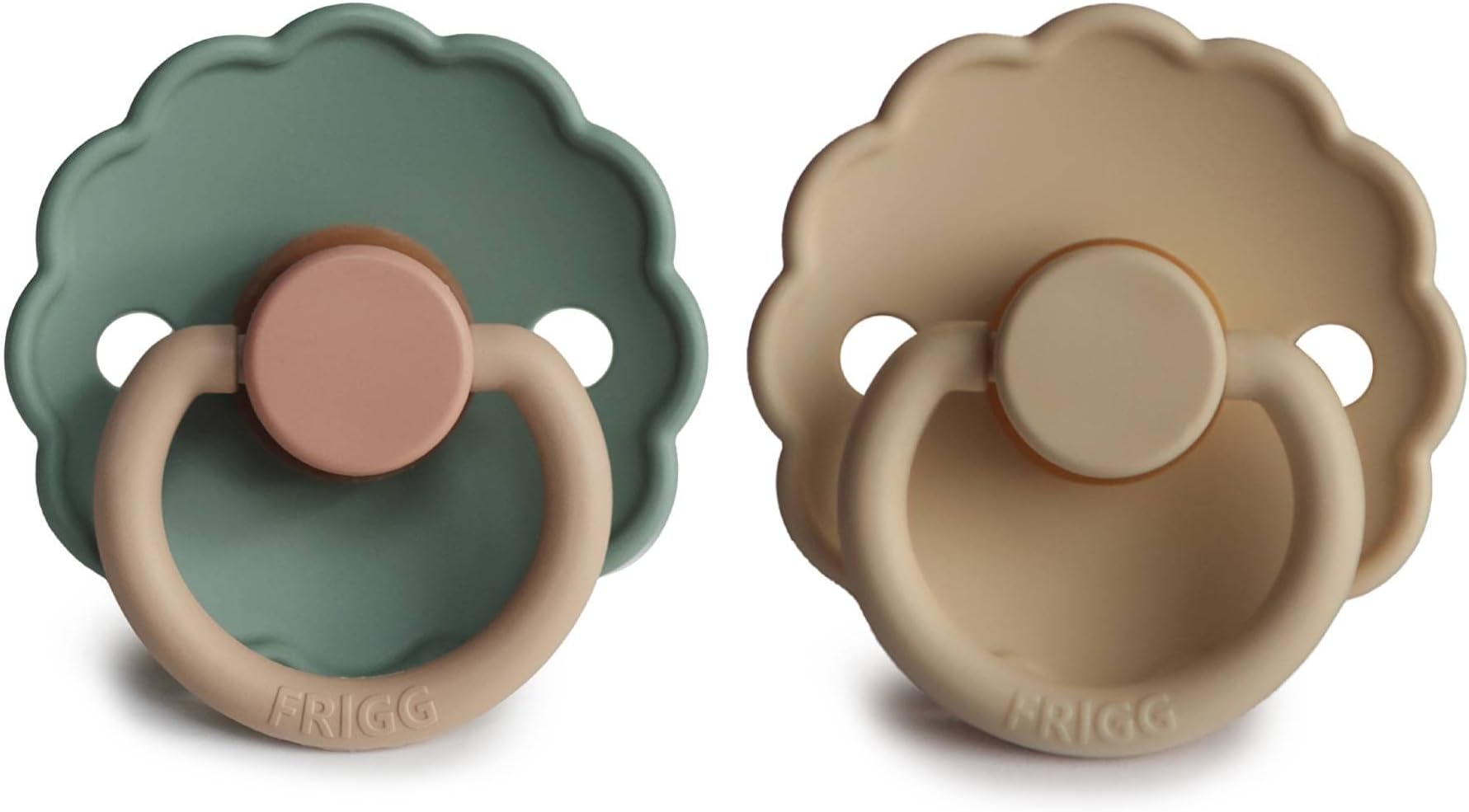 FRIGG Daisy Latex Pacifier | 2-Pack | Daisy Block Natural Rubber Soother | Symmetrical Cherry Shaped Nipple | BPA Free | Made in Denmark | Latex Dummy | Willow/Croissant - Size 2 (6-18 Months)