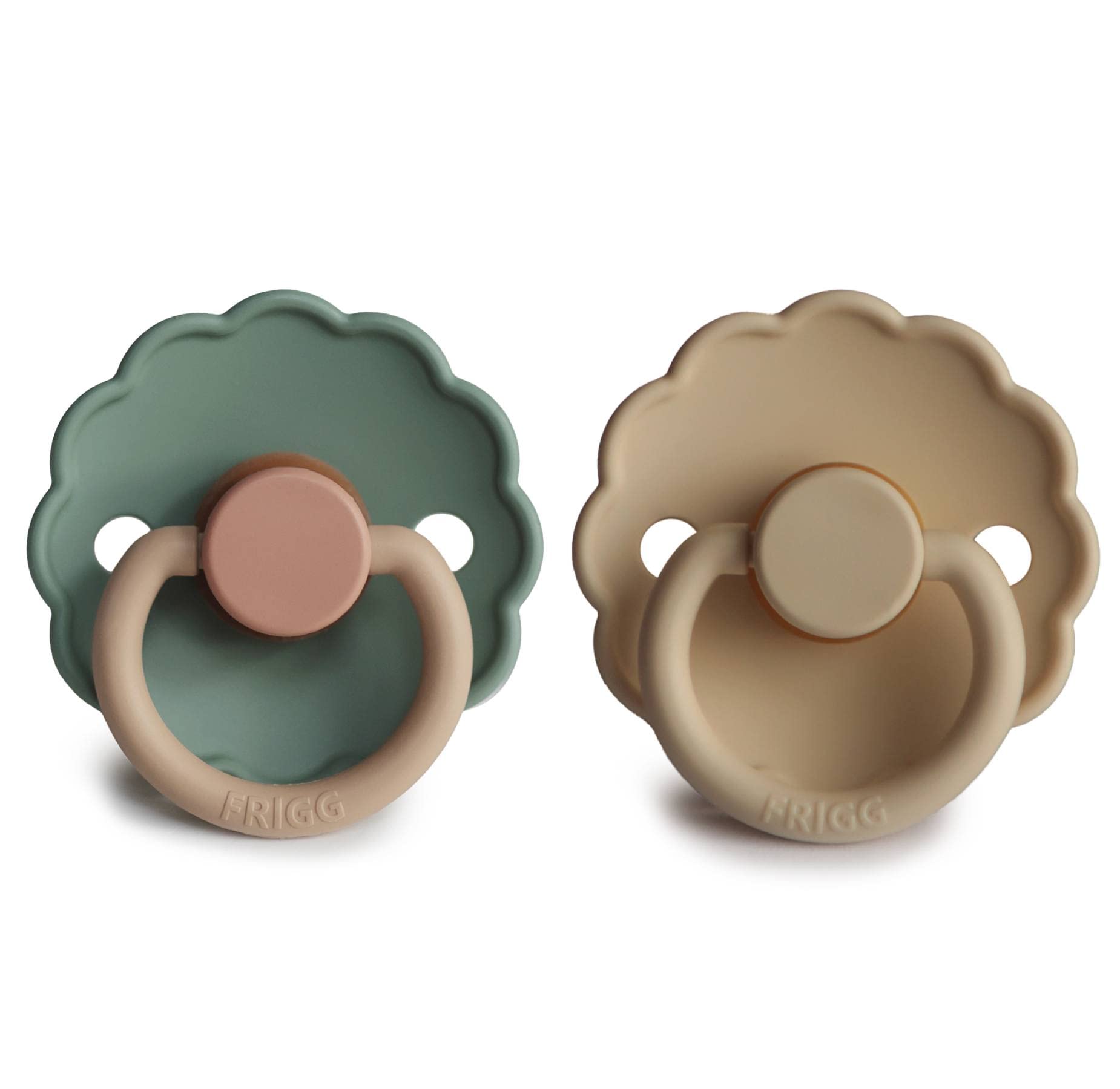 FRIGG Daisy Latex Pacifier | 2-Pack | Daisy Block Natural Rubber Soother | Symmetrical Cherry Shaped Nipple | BPA Free | Made in Denmark | Latex Dummy | Willow/Croissant - Size 2 (6-18 Months)