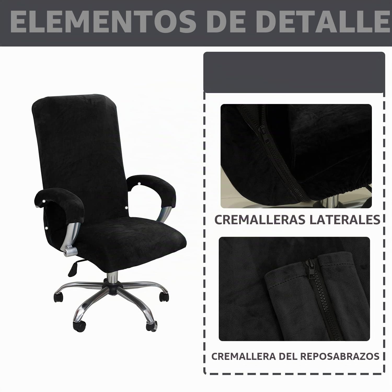 Funda de Sillas de Oficina Elástica con Reposabrazos,Felpa de Terciopelo,Modernas Cubiertas de la Silla de la Computadora Antipolvo de Oficina Silla Removible,No Incluye Sillas,Negro,XL