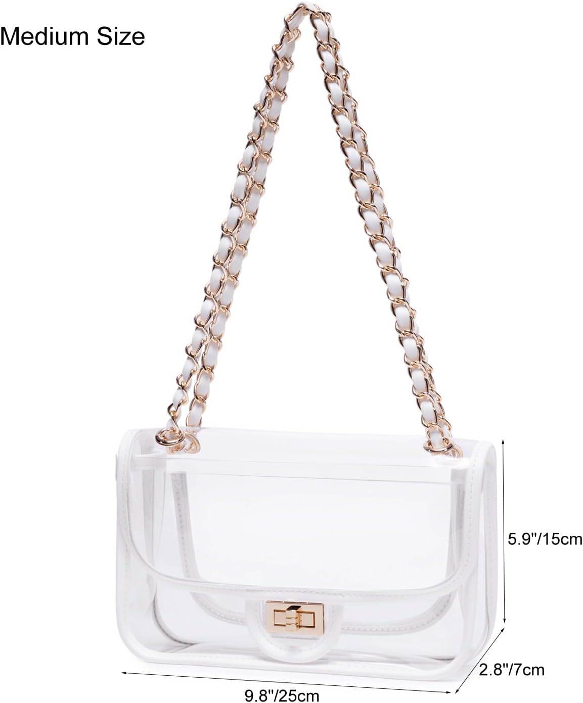 Womens PVC Clear Purse Handbag with Chain Stadium Approved Clear Bag See Through Bag for Working and Concert