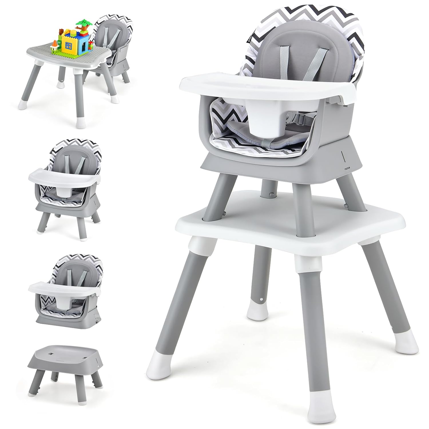 KOTEK Baby High Chair, 8 in 1 Convertible Highchairs for Babies and Toddlers, Building Block Table, Booster Seat, Toddler Chair with Removable Tray, Safety Harness, Dual Cushions (Chevron)