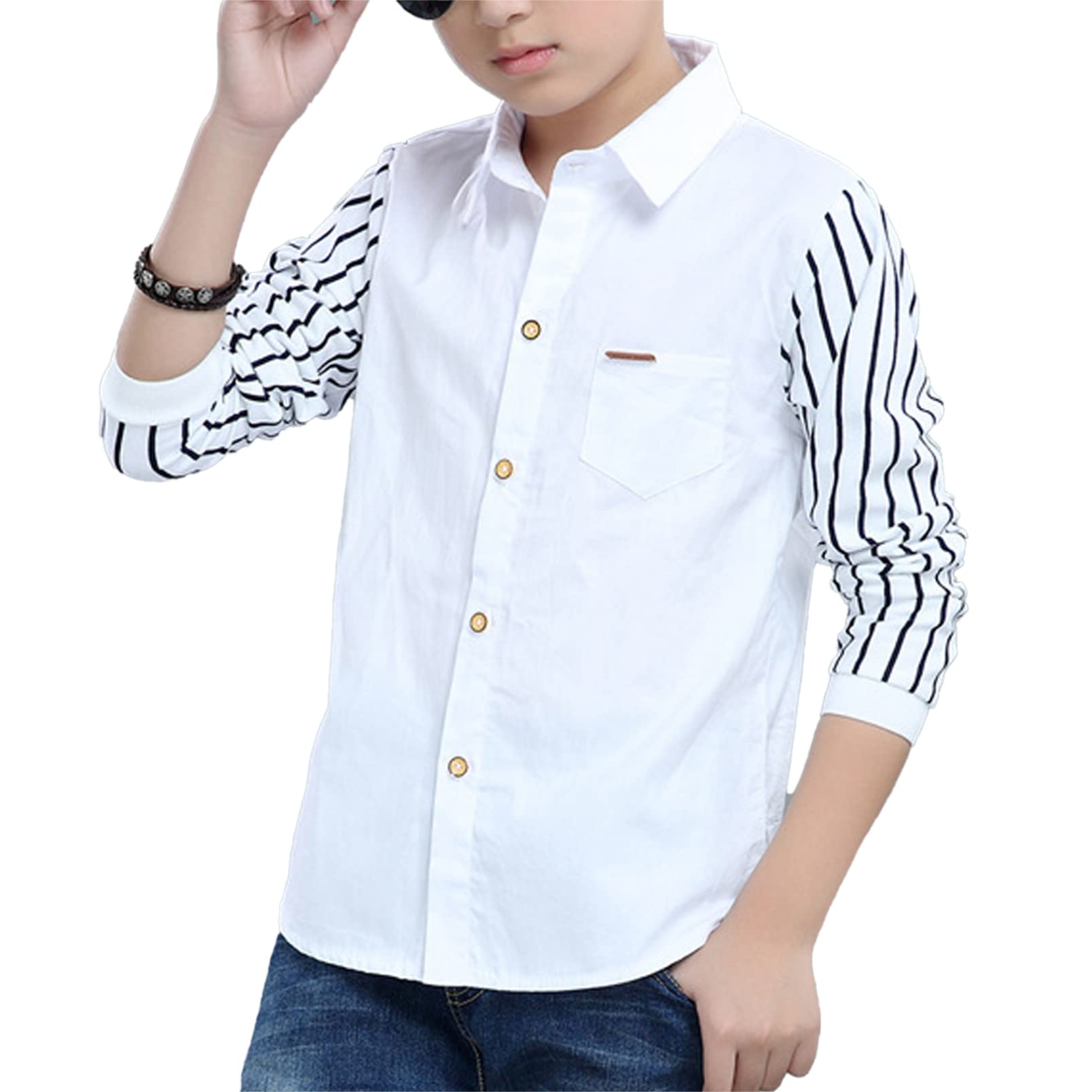 dPois Camisa de Manga Larga para Niños Camiseta Estampado de Rayas Chico Básicos Camisa Corta Algodón con Botones Formal Otoño Top Ropa Casual 3-12 Años