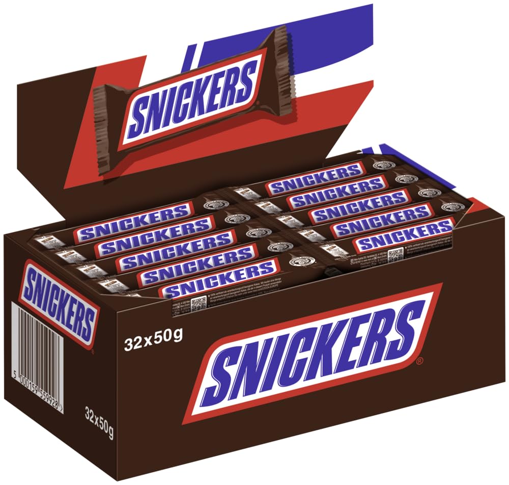 SNICKERS Riegel 2x 32x50g Schokoriegel Schokolade Milchschokolade, gefüllt mit feiner Candy-Creme und Karamell mit Erdnüssen