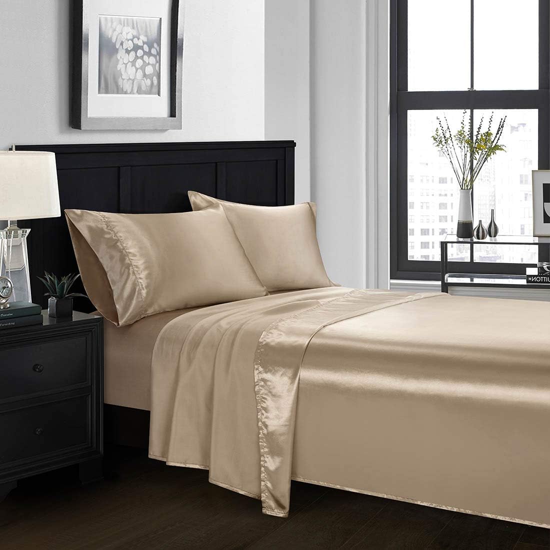 Flat Sheet Only - Ultra-Soft Silky Satin Fabric King/Cal King Size Taupe Top Sheet - Best Premium Quality Flat Sheet - Shrinkage & Fade Resistant Top Sheet - Easy Care