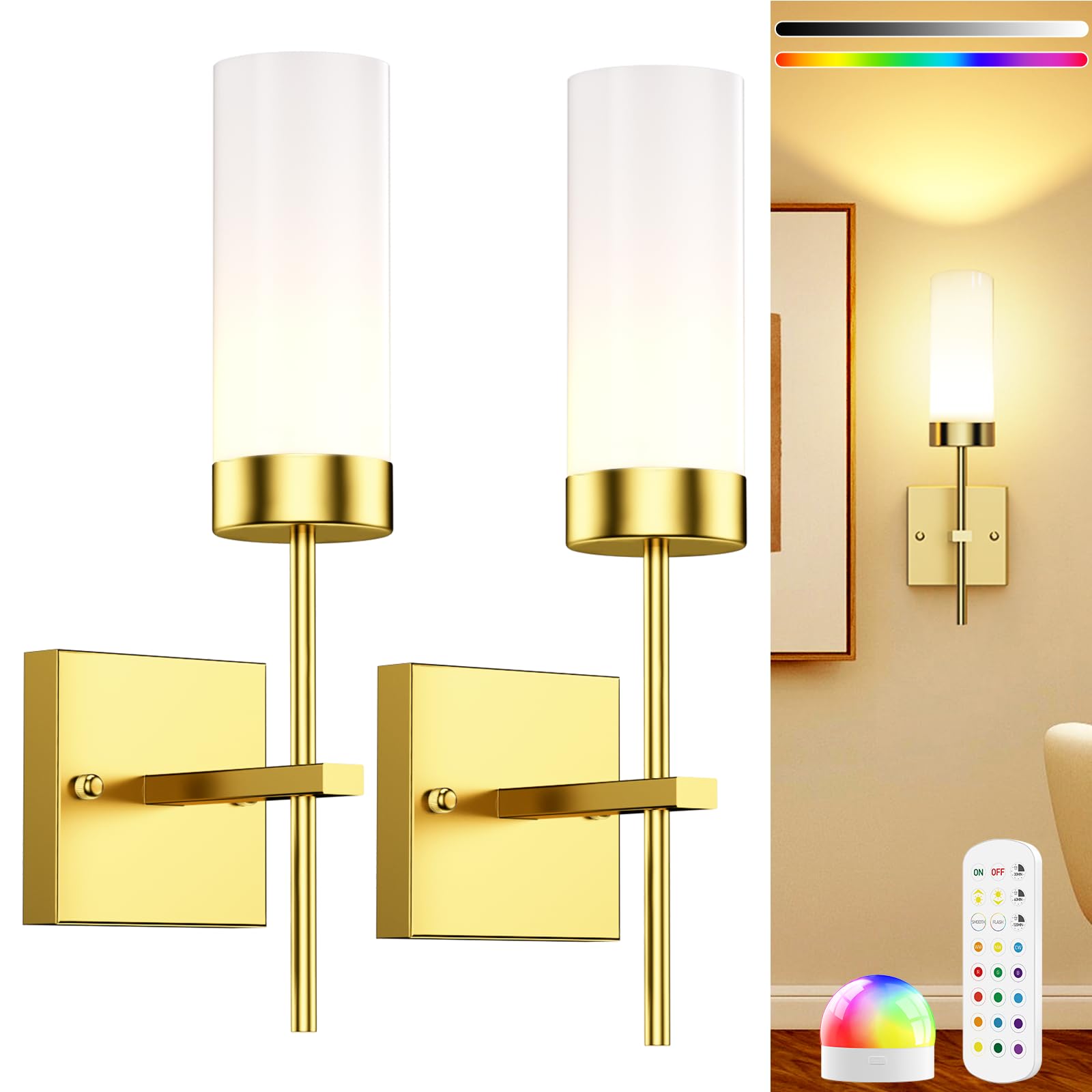LABOREDUCER Wireless Rechargeable Wall Lights, RGB & Dimmable, 2 Pack