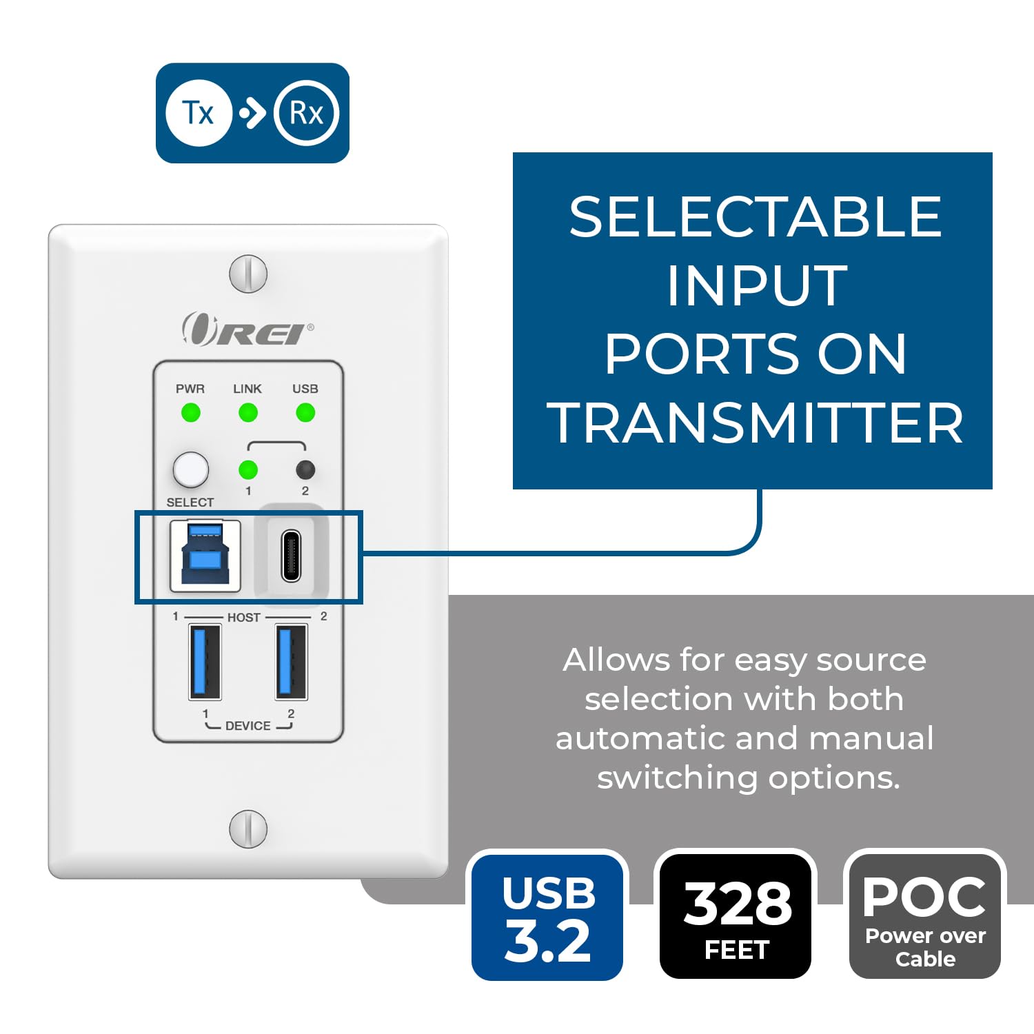 OREI USB 3.2 Wall Plate Over Ethernet HDbaseT Cat6 Extender LAN Upto 330 Feet - Extends USB-C/USB-B Signal Over Ethernet - Power Over Cable