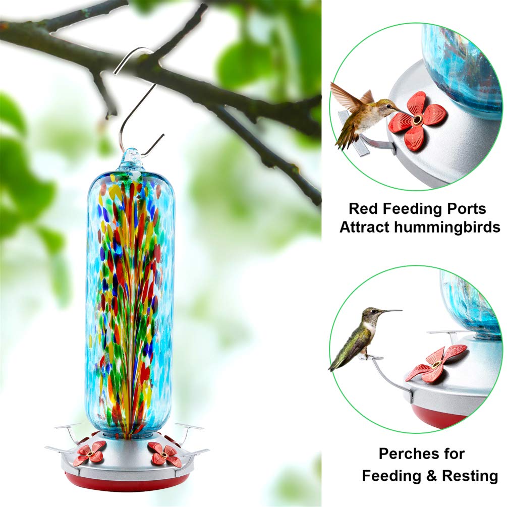 Solar Hummingbird Feeder for Outdoors Hanging Patio Designed 32 Ounces Colorful Hand Blown Glass Hummingbird Feeder 5 Feeding Ports with Perch Never Leak (Red)