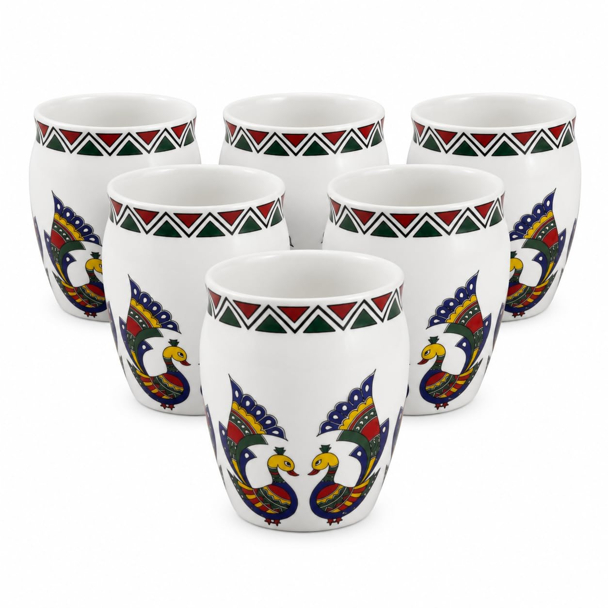 Eightsix Ceramic Kulhad Tea Cups Set of 6 | Traditional Peacock Design Coffee Mug | 150 ML Kulhad Cups for Tea, Coffee & Masala Chai | Microwave & Dishwasher Safe Ceramic Drinkware | White-image-32