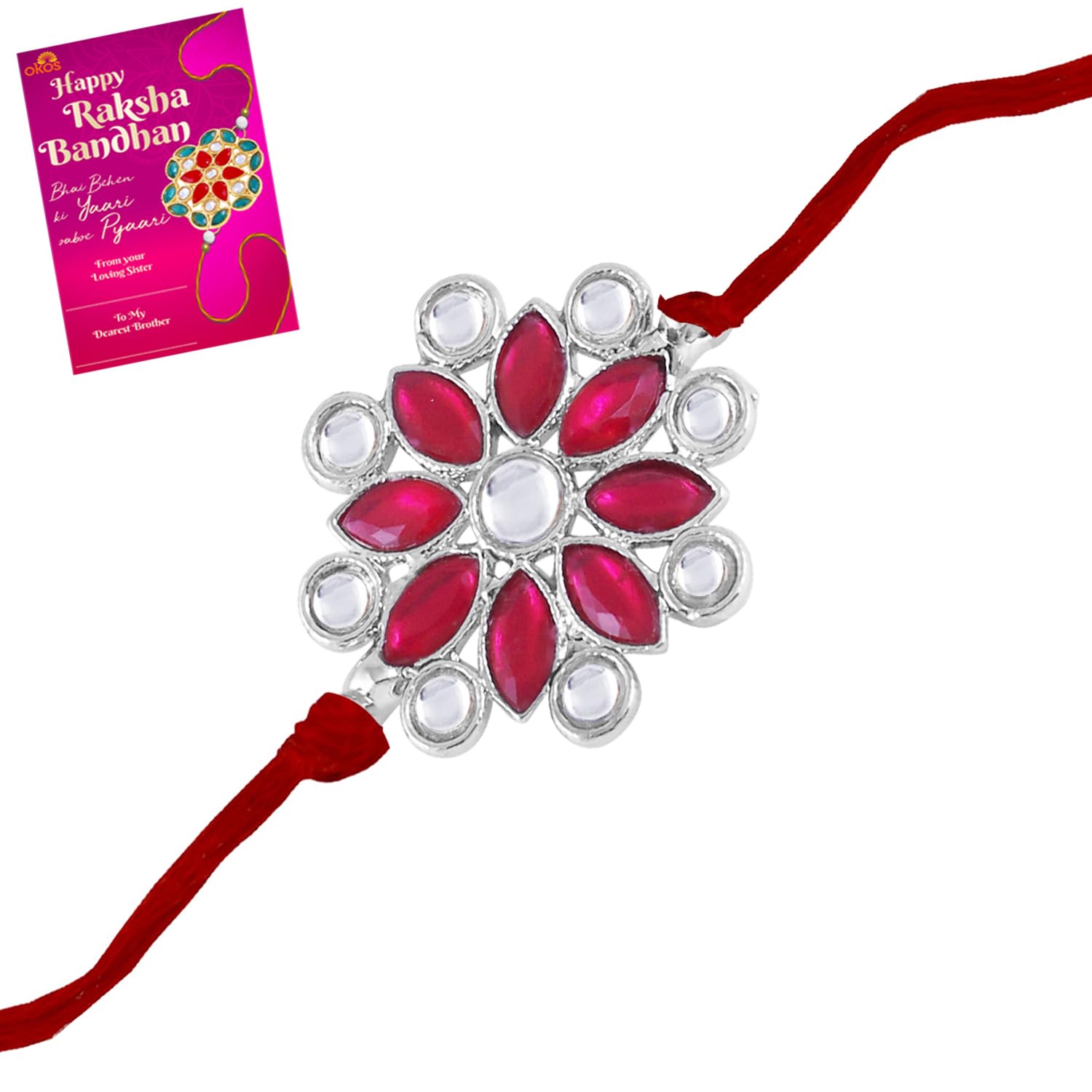 Okos Rhodium Plated Rakshanbadhan Gifts Special Red and White Kundan Elements Studded Alloy Rakhi Bracelet With Greeting Card- Rakhi For Brother, Bhaiya, Bhai RK1000407RRED (B0C7ZJMP2G) Amazon Price History, Amazon Price Tracker