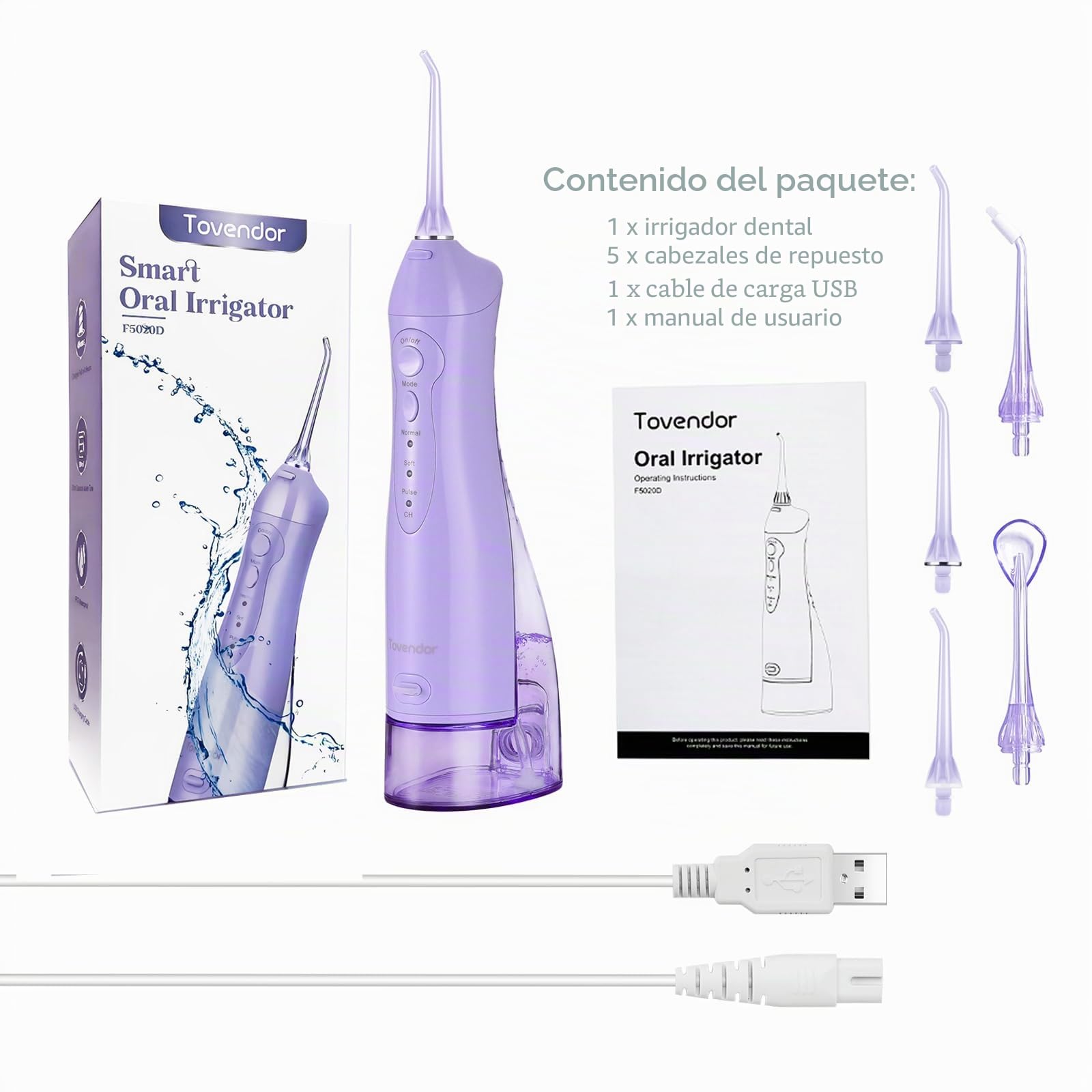 TOVENDOR Irrigador bucal eléctrico, irrigador bucal dental recargable inalámbrico IPX7, impermeable, 300 ml, limpiador de dientes de agua de viaje con 5 puntas para el cuidado de los frenos, limpieza