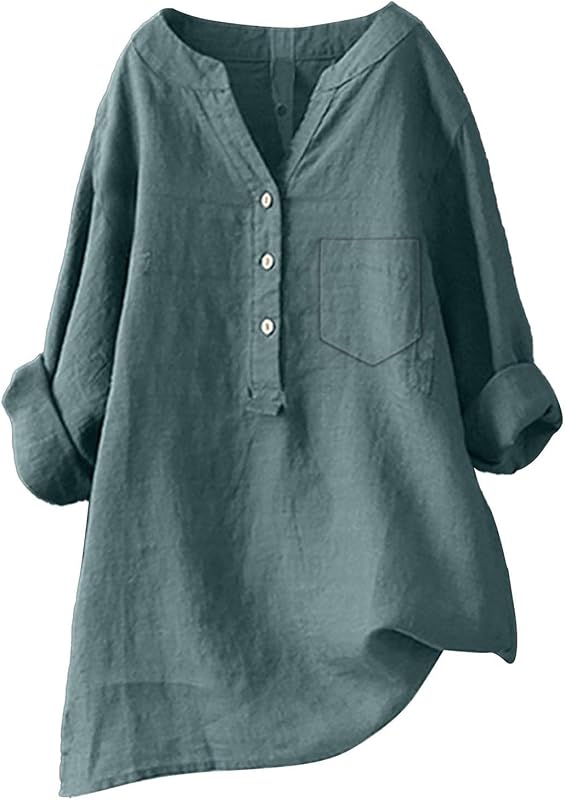 Linen Shirts for Women 3/4 Sleeve V Neck Blouses Buttons Plus Size Loose Fit T-Shirts Solid Color Summer Holiday Tops