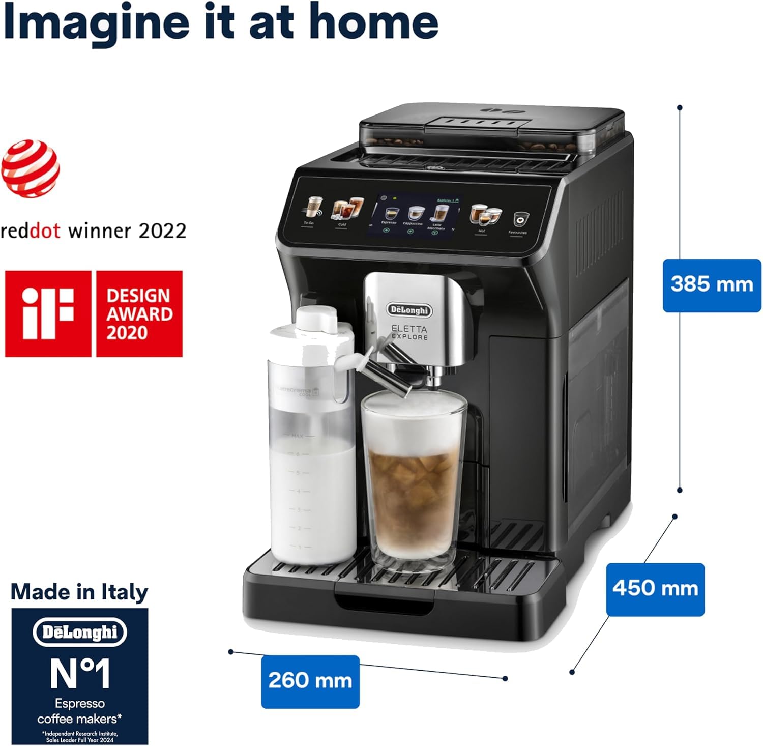 De'Longhi Eletta Explore Cold Brew ECAM450.65.G, Barista Kaffeemaschine mit LatteCrema Hot & Cold, Espressomaschine, Kaffeevollautomat, Kaltextraktion, Touchdisplay, Grau