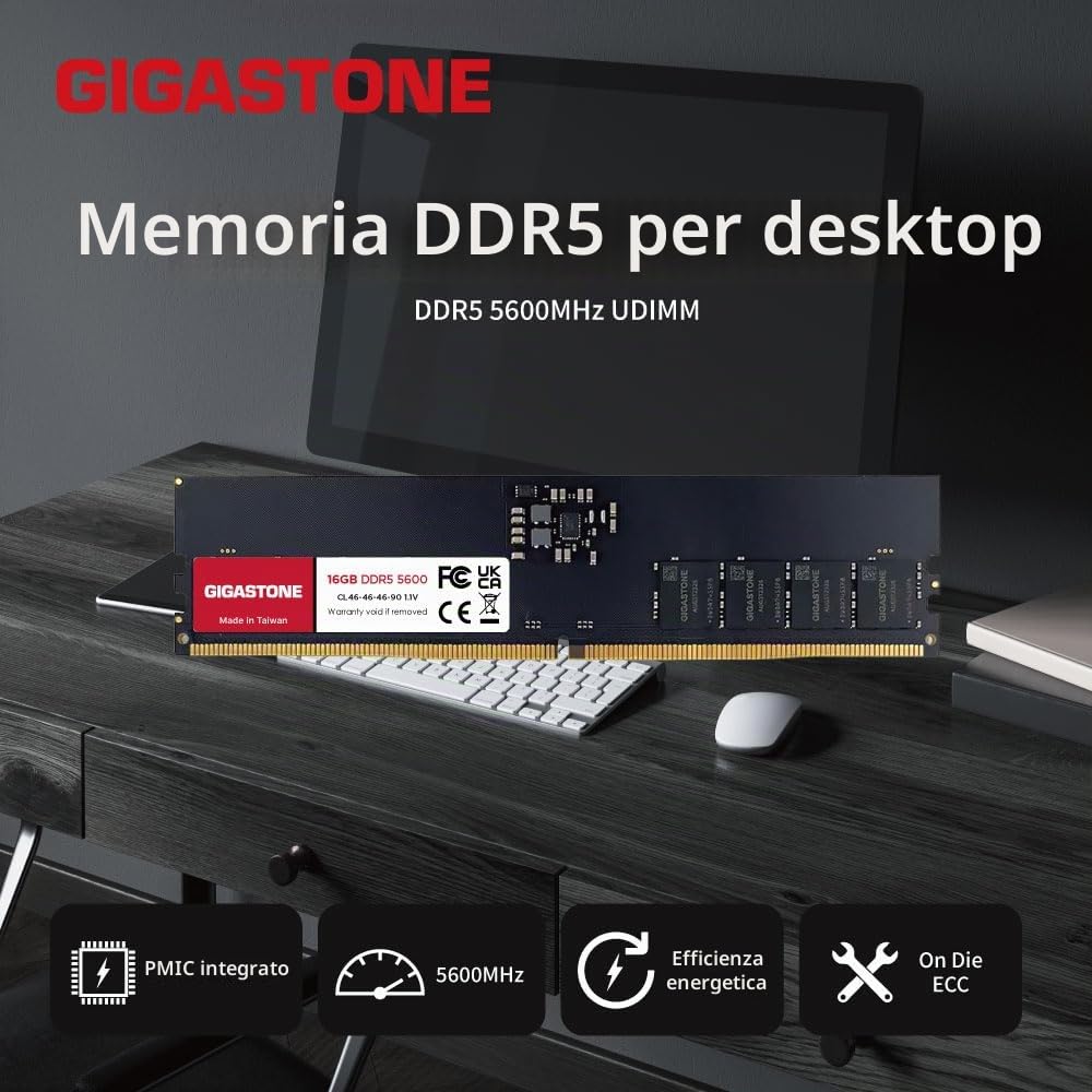 【DDR5 RAM】GIGASTONE 32GB Kit(2x16GB) DDR5 5600MHz PC5-44800 CL 46-46-46-90 1.1V UDIMM 288pin Unbuffered Non ECC Ideale PC Desktop alta prestazione Memoria Upgrade