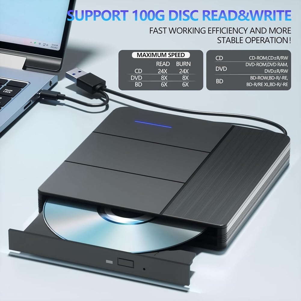 Lecteur Blu-Ray Externe 7 en 1, Compatible avec Les Disques R/W, BD, DVD, CD, Graveur Portable, USB 3.0, Emplacement pour Carte SD/TF