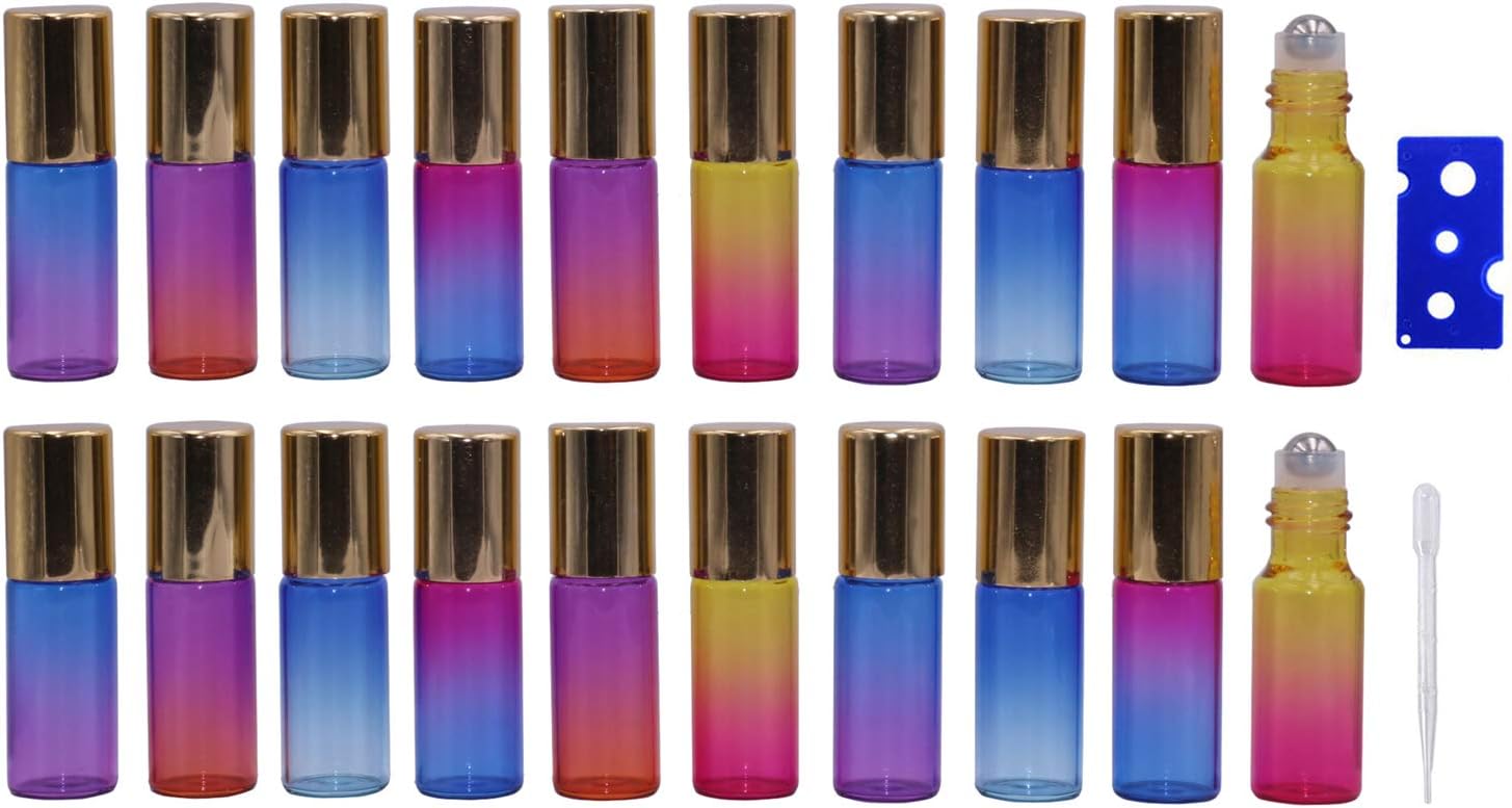 5ml Rainbow Gradient Color Glass Essential Oil Roller Bottles 20 Packs Empty Aromatherapy Perfume Rollerball Bottles Refillable Sample Roll On Bottles Vials with gold cap,Opener and Dropper Included