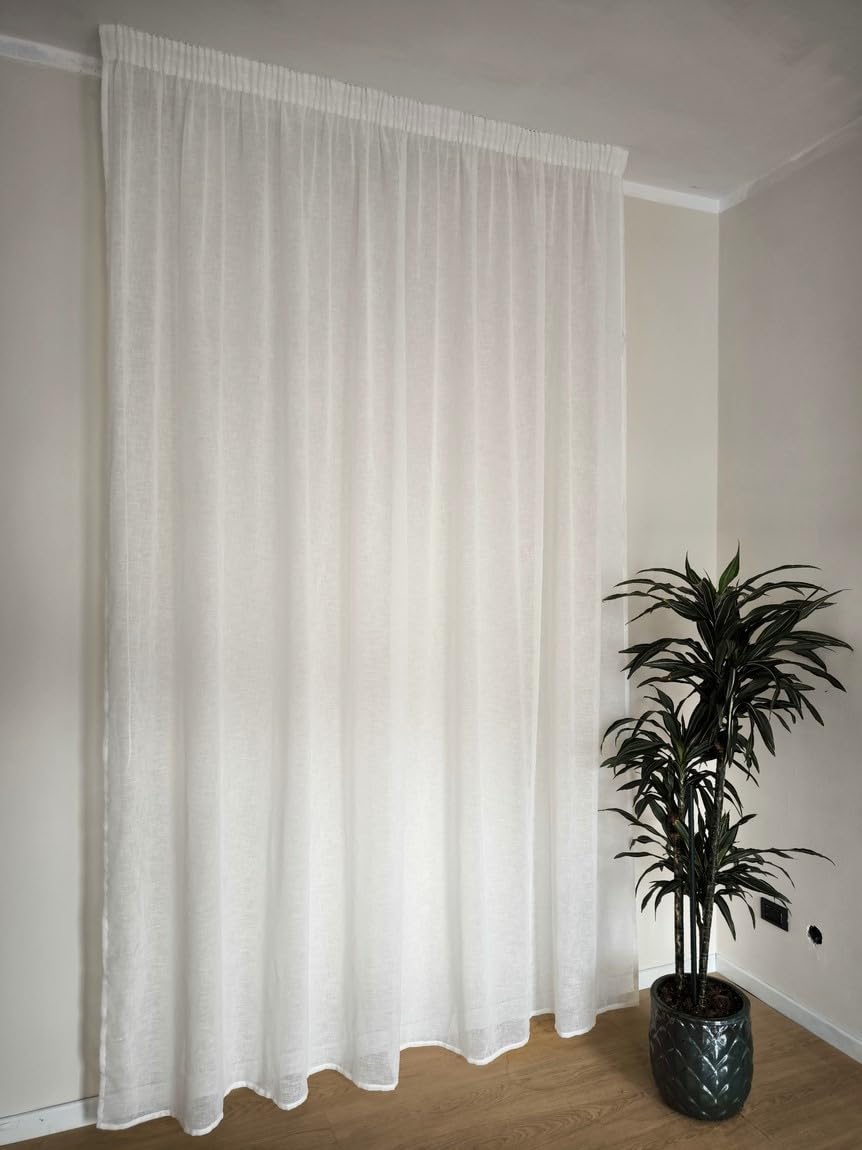 Tende per interni con Fettuccia Arricciatenda su misura, Tessuto effetto lino bianco, Larghezza pannello 280 cm, per Binari da 140/170 cm, Altezza da 180 a 295 cm - 280x270 cm