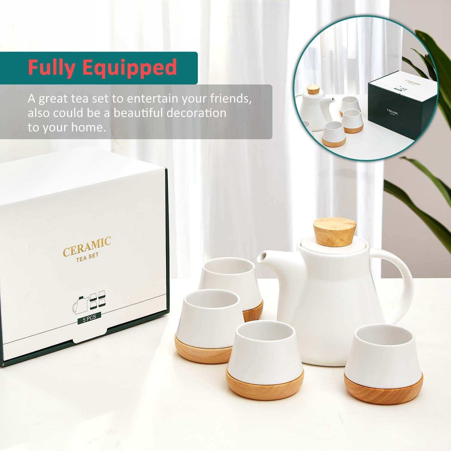 Juego de teteras de cerámica de 10 piezas, juego de té con tetera de 25 oz/750 ml, 4 tazas de 150 ml y 4 posavasos de madera, tetera de porcelana con infusor de acero inoxidable extraíble para hojas