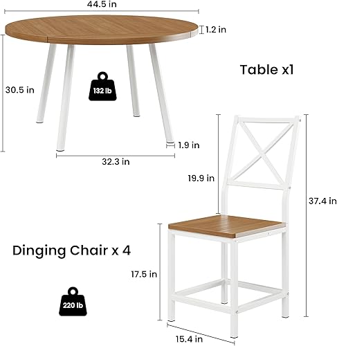 Miniatura 6 de IRONCK Juego de mesa de comedor para 4, mesa redonda de cocina y 4 taburetes para comedor, escritorio de hojas caídas de 44.5 pulgadas, pequeño