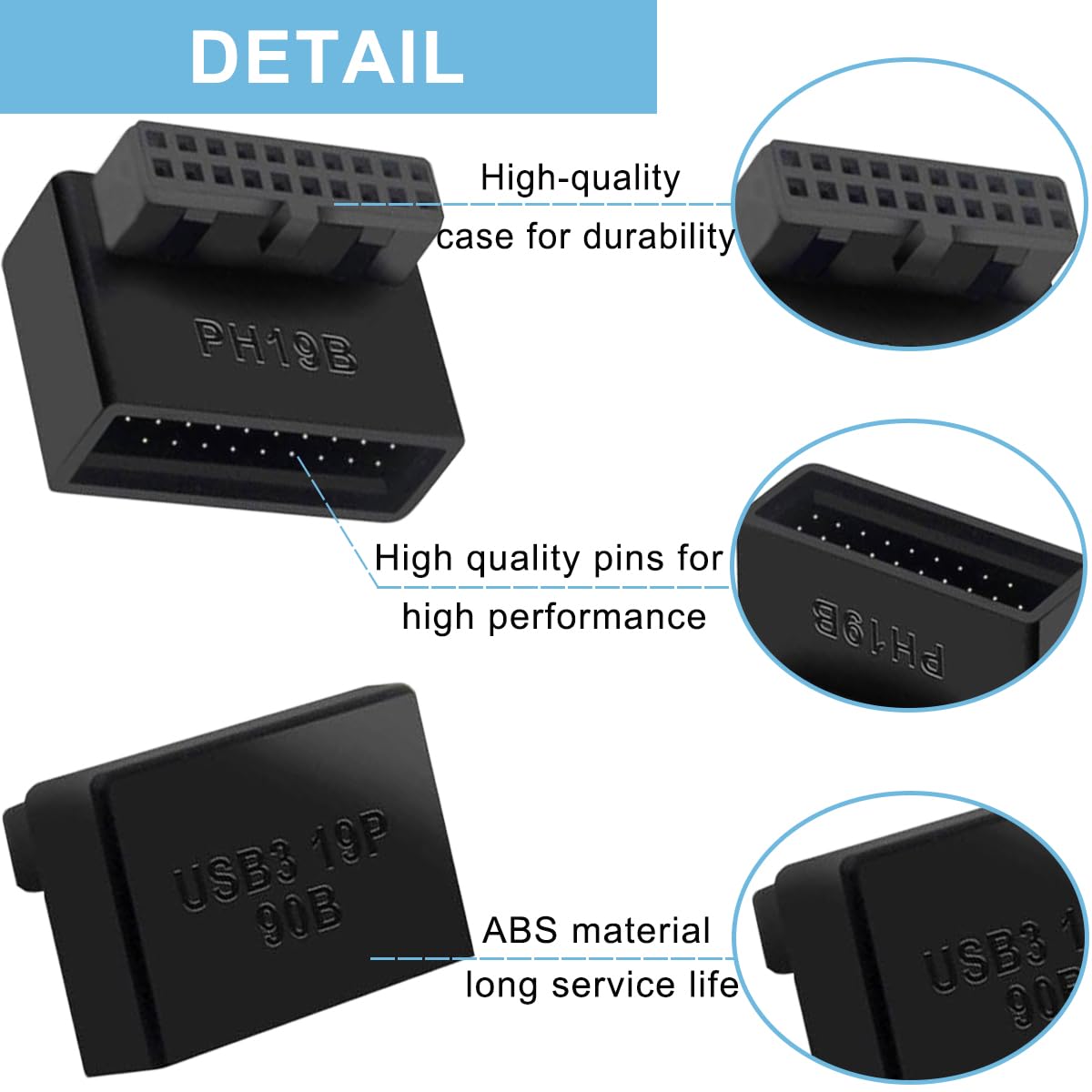 2 szt. Płyta główna USB 3.0 19/20 Pin 90 Degree Adapter, męski do żeńskiego typu L Turn Right Angle Socket Extension Adapter, do płyty głównej komputera stacjonarnego (Down Angle PH19B)
