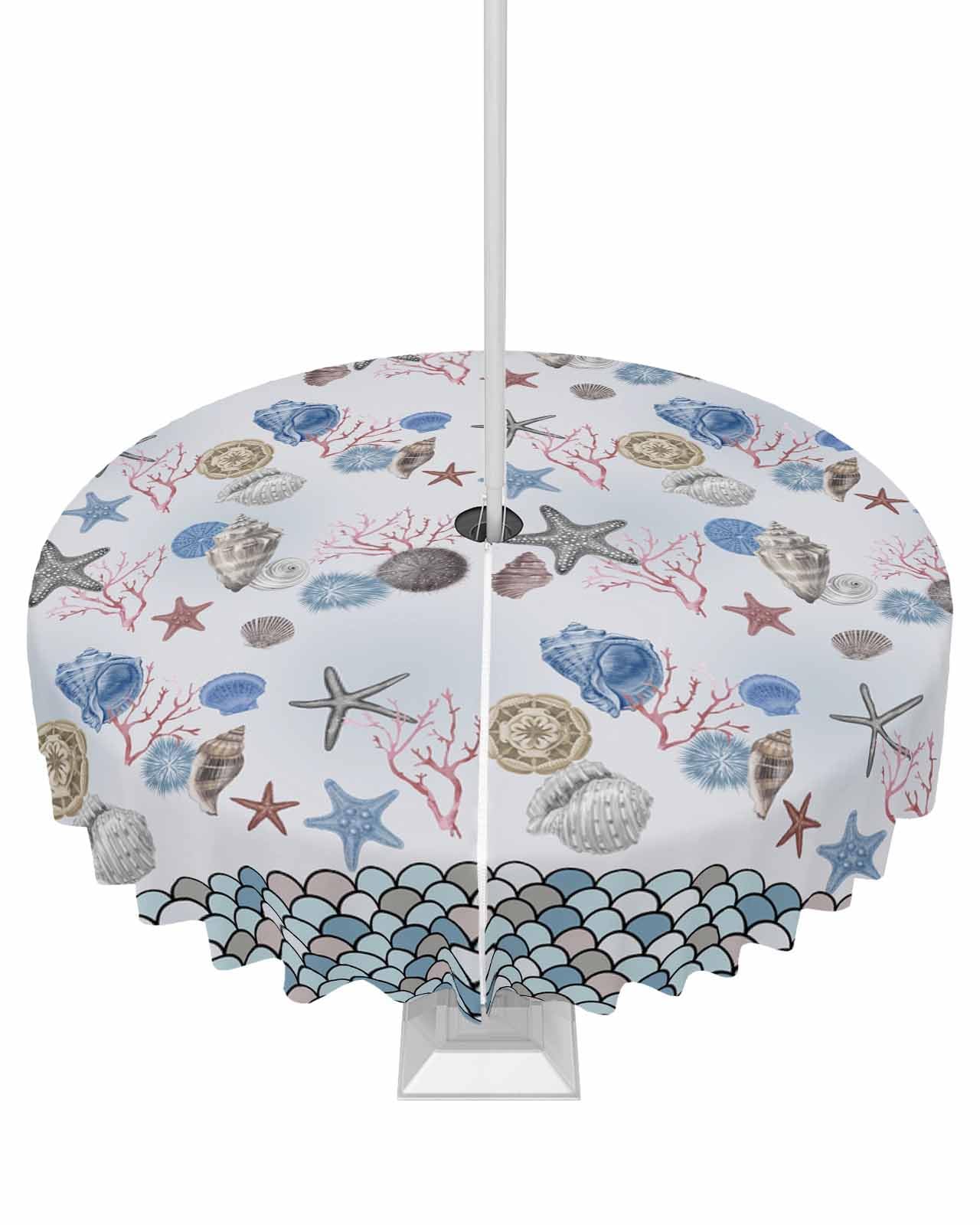 Coastal Outdoor Tablecloths with Umbrella Hole and Zipper, Summer Beach Ocean Nautical Shells Starfish Coral Waterproof/Stain Resistant Round Table Cloth 54'' Patio Table Cover for Picnic/Party