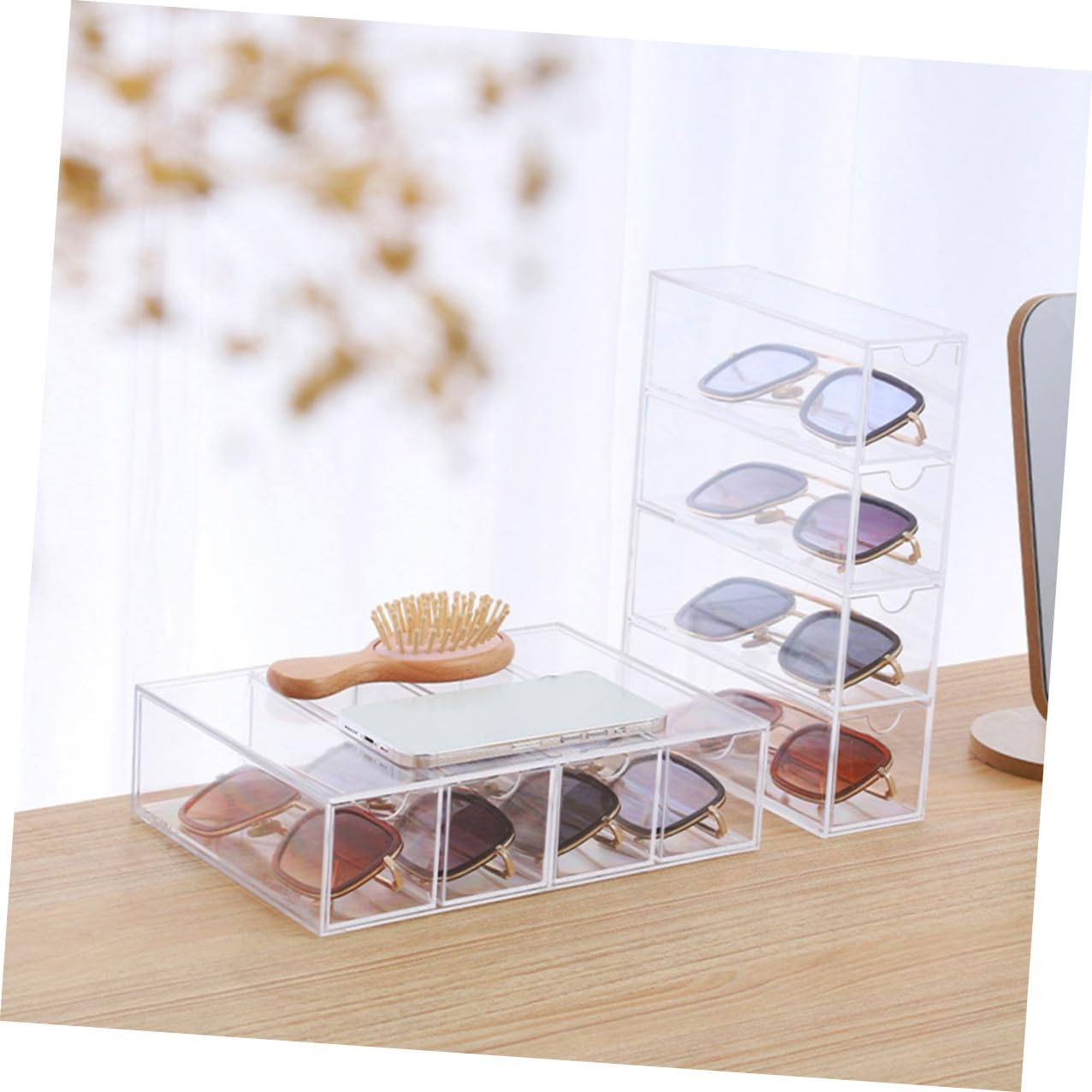 Estuche para Gafas de Sol y Graduadas de Acrílico Transparente Caja de Almacenamiento Multicapa 4 Cajones Set de 2 Unidades Organizador Compacto para Hogar y Ópticas