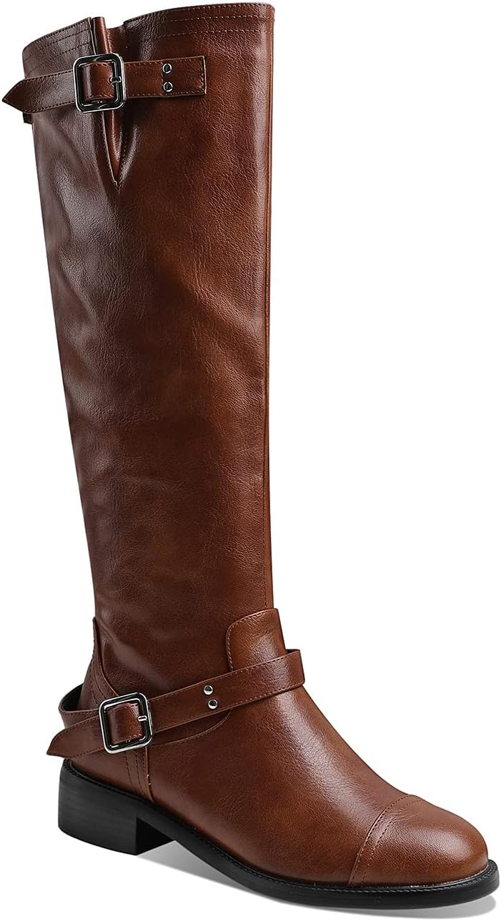 MOOMMO Women’s Knee High Riding Boots Round Toe Low Heel Back Zip Classic Long Combat Boot Buckle Strap Cap Toe Fashion Equestrian Boots Winter Evening Party Outdoor 4-11 M US