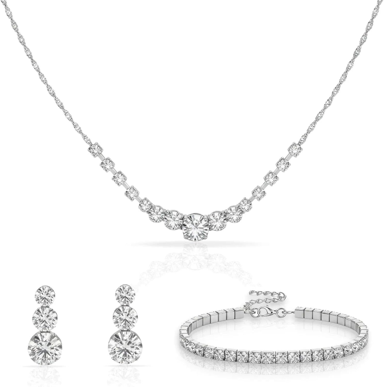 Silve Tone Jewelry Set for Women, Necklace, Earrings and Bracelet