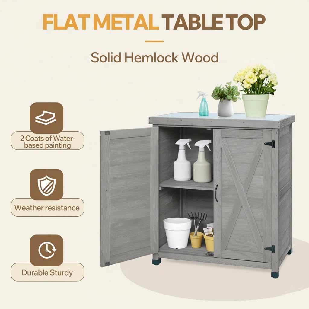 Outdoor Potting Bench with Metal Table Top, Work Station Table with Storage Cabinet & Vented Louvered Doors,Wooden Tool Station Shed for Backyard,Patio,Lawn Gardening (Gray)