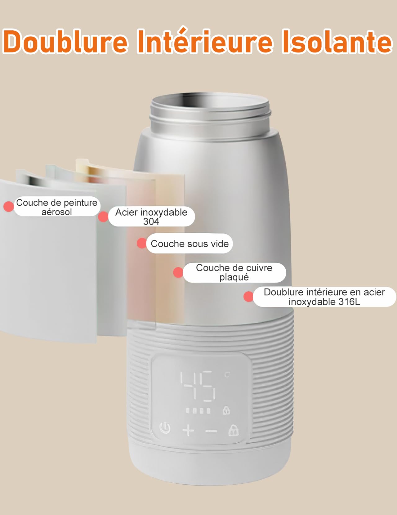 Chauffe-biberon Portable, 500ml Chauffe-biberon Bébé en Déplacement | Contrôle Précis de la Température 37 à 55 Degrés Réglable pour le Voyage Alimentation de Nuit