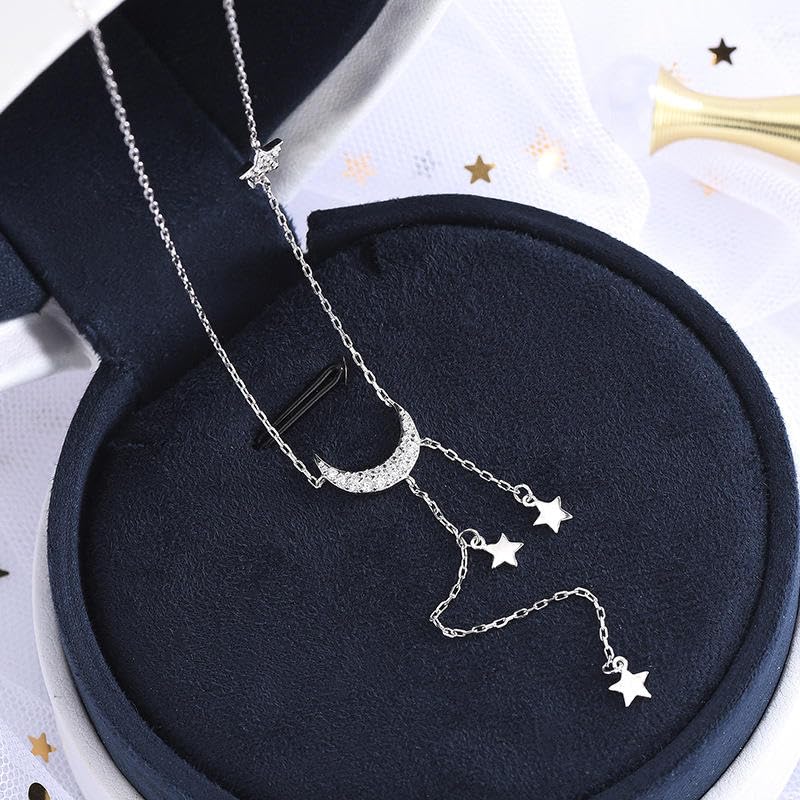 Miniatura 5 de fashion jewelry 925 sterling silver necklace moon star diamond long tassel chain gold plated necklaces women (silver)