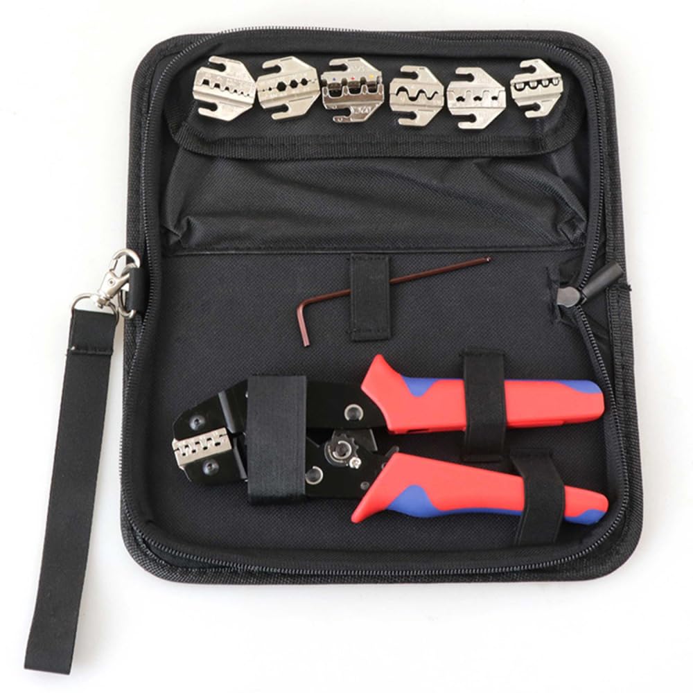 Kit di crimpatura con borsa, pinza crimpatrice con 6 matrici intercambiabili, gamma di crimpatura regolabile, pinza crimpatrice multifunzione per diversi tipi di terminali a crimpare