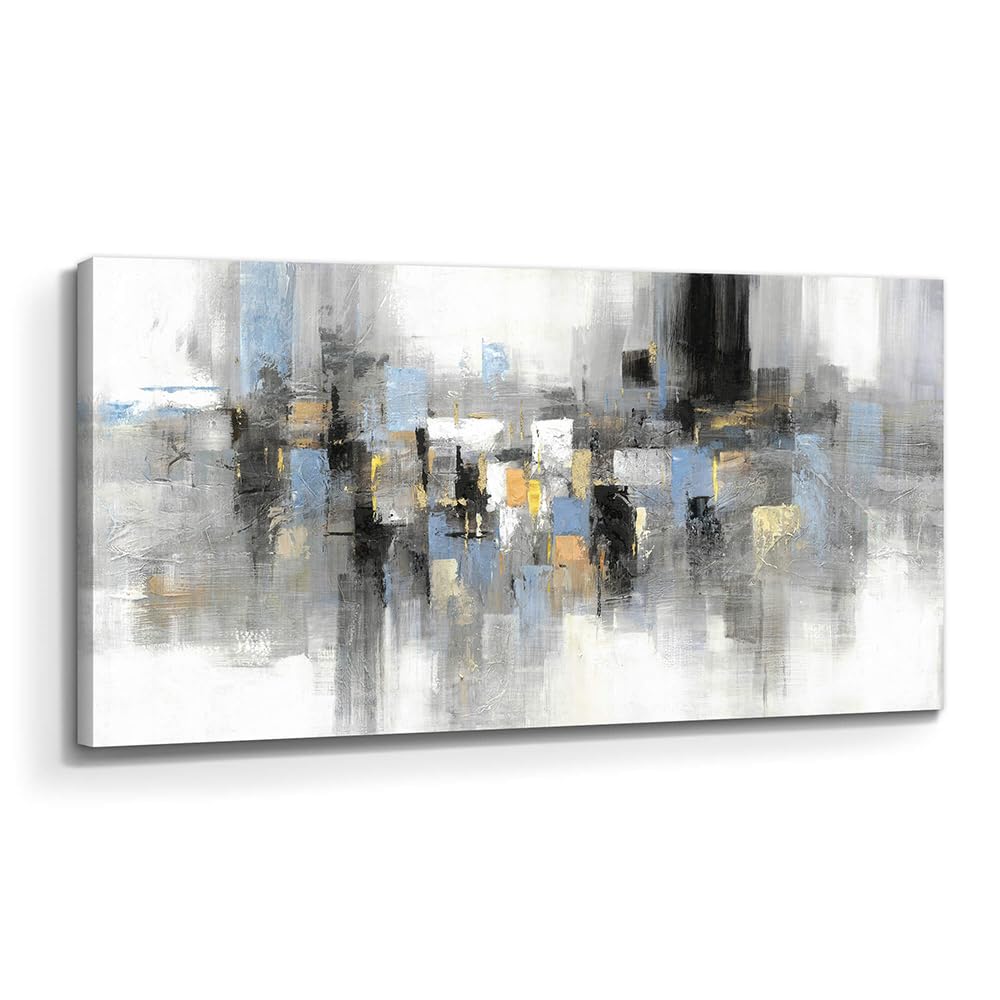 Gray Abstract Canvas Wall Art Modern Blue Black Painting Hand Painted