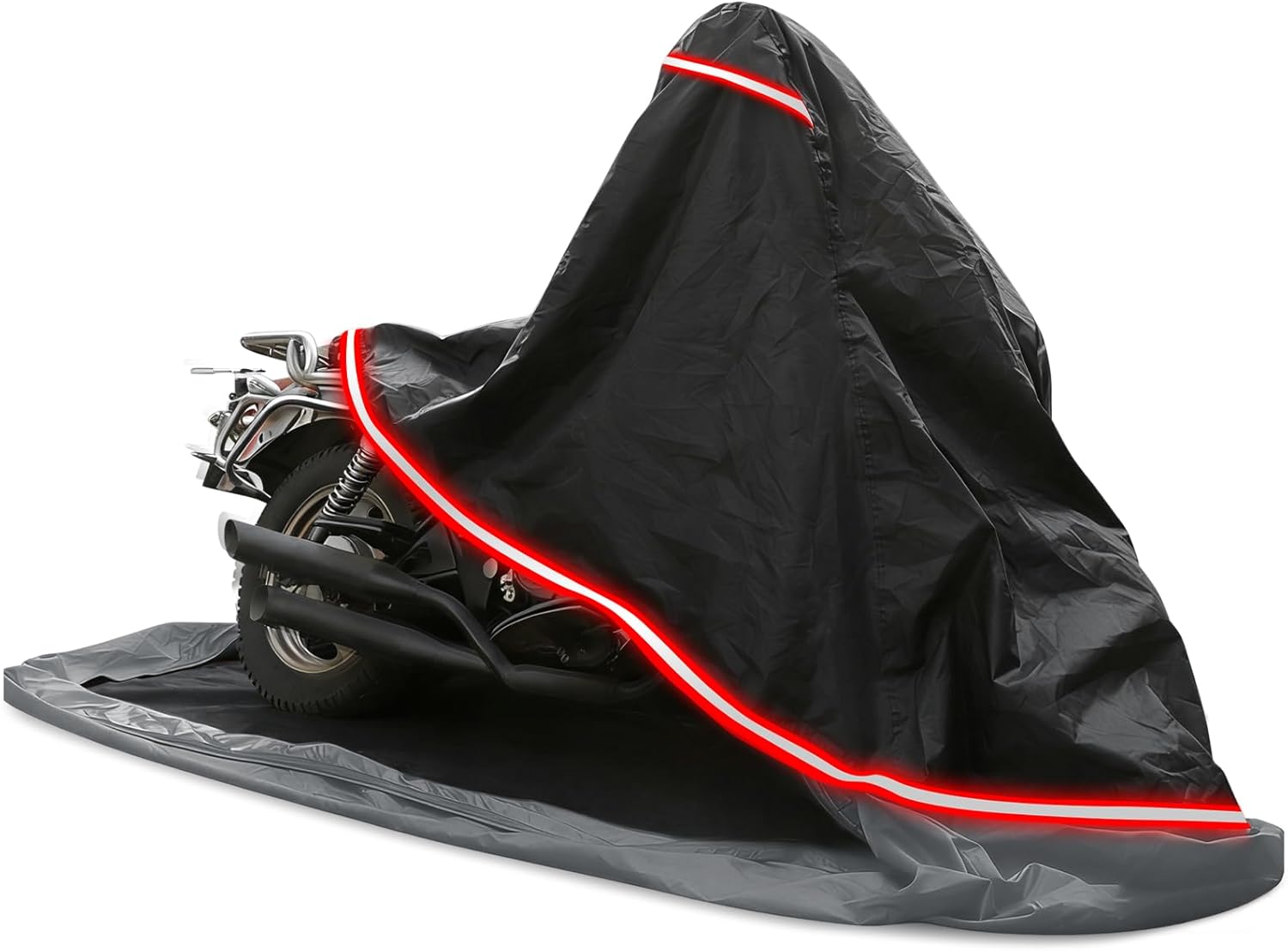Full Enclosed Motorcycle Cover,Waterproof for Outdoor & Indoor Storage, 600D Heavy Duty with Reflective Strips, Fits Scooters & Touring Motorcycles up to Length 108" x 45" x 59" Black&Gray