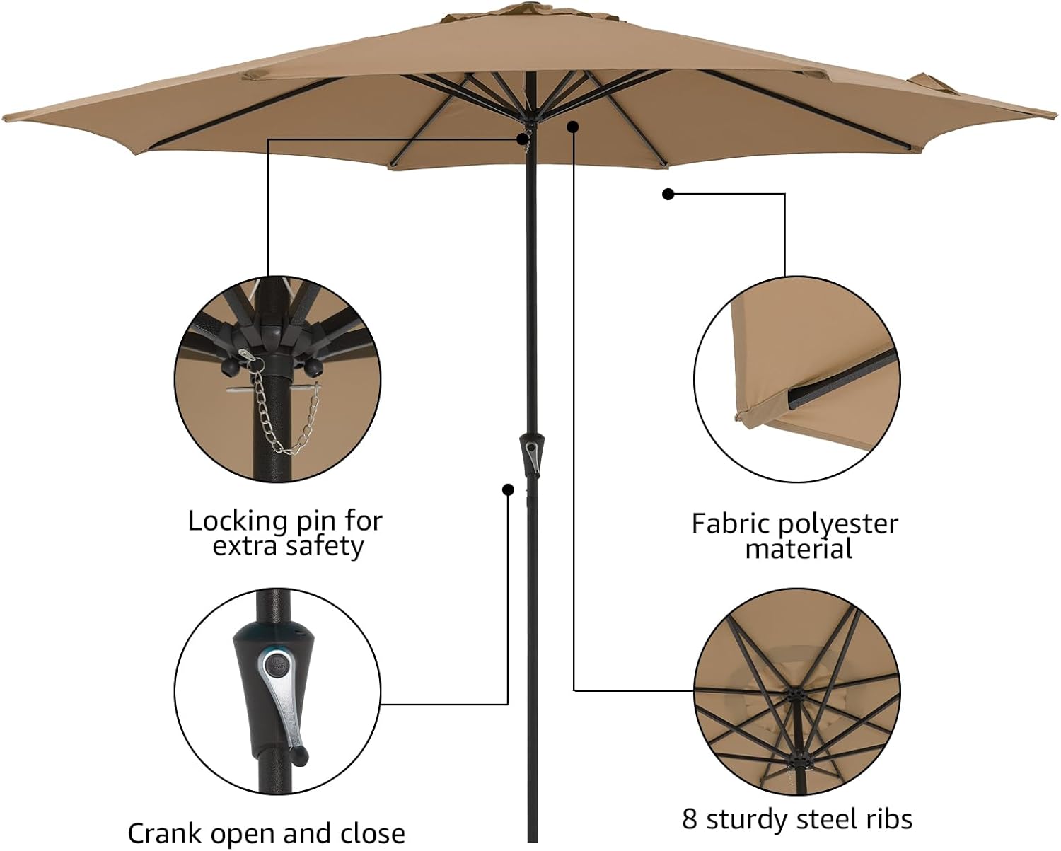COBANA 11' Patio Umbrella, Outdoor Table Market Large Umbrella with 8 Steel Ribs and Crank, Beige