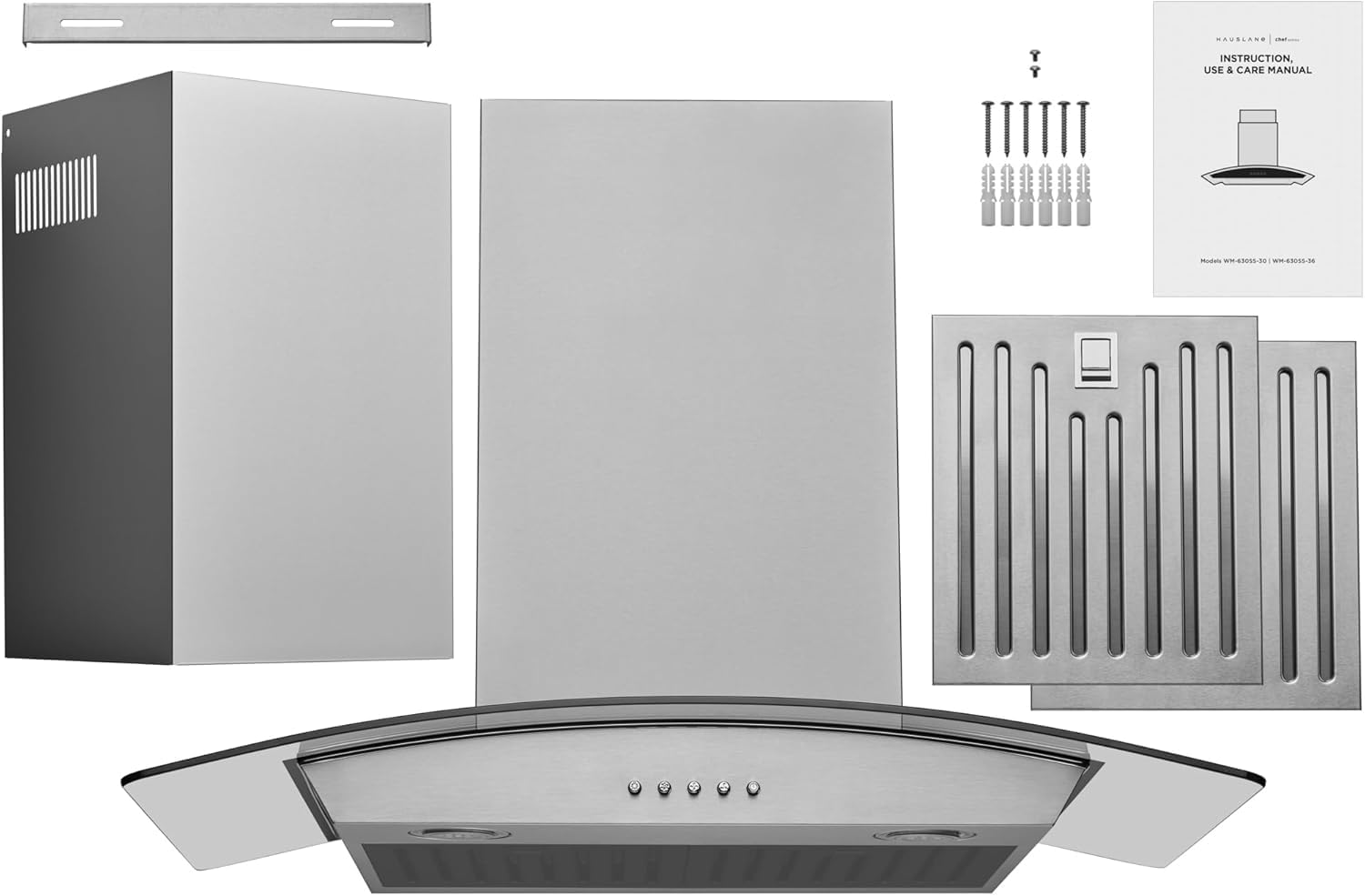 Hauslane Range Hood Wall Mount 30 inch Ducted/Ductless Convertible Kitchen Hood with Stainless Steel and Tempered Glass Stove Vent Hood, 3 Speed, LED Lamps, European Style WM-630