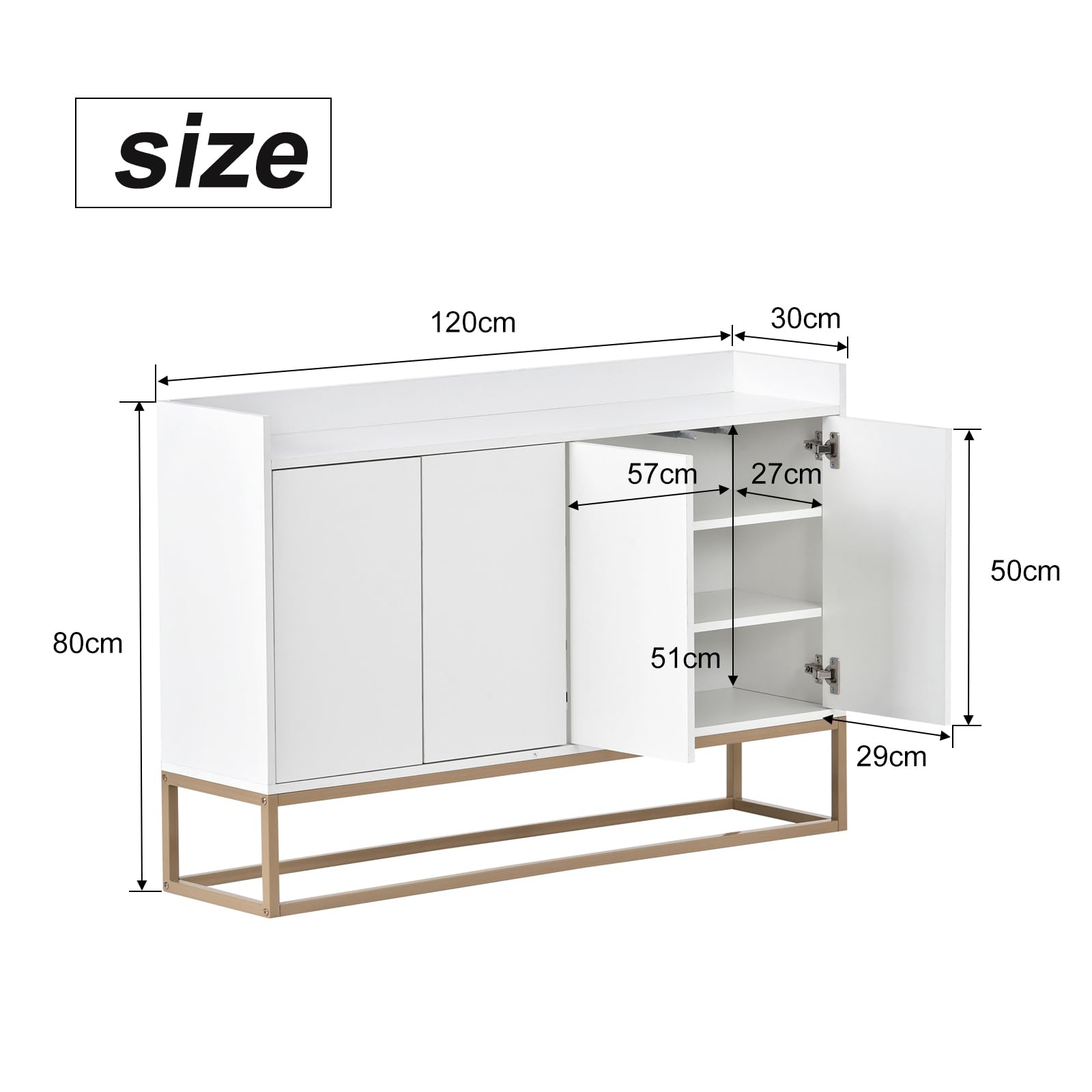 credenza per cucina 120 x 30 x 80 cm, mobile contenitore con 4 ante e ripiani regolabili, piedini in metallo, credenza moderna, sala da pranzo e soggiorno, bianco