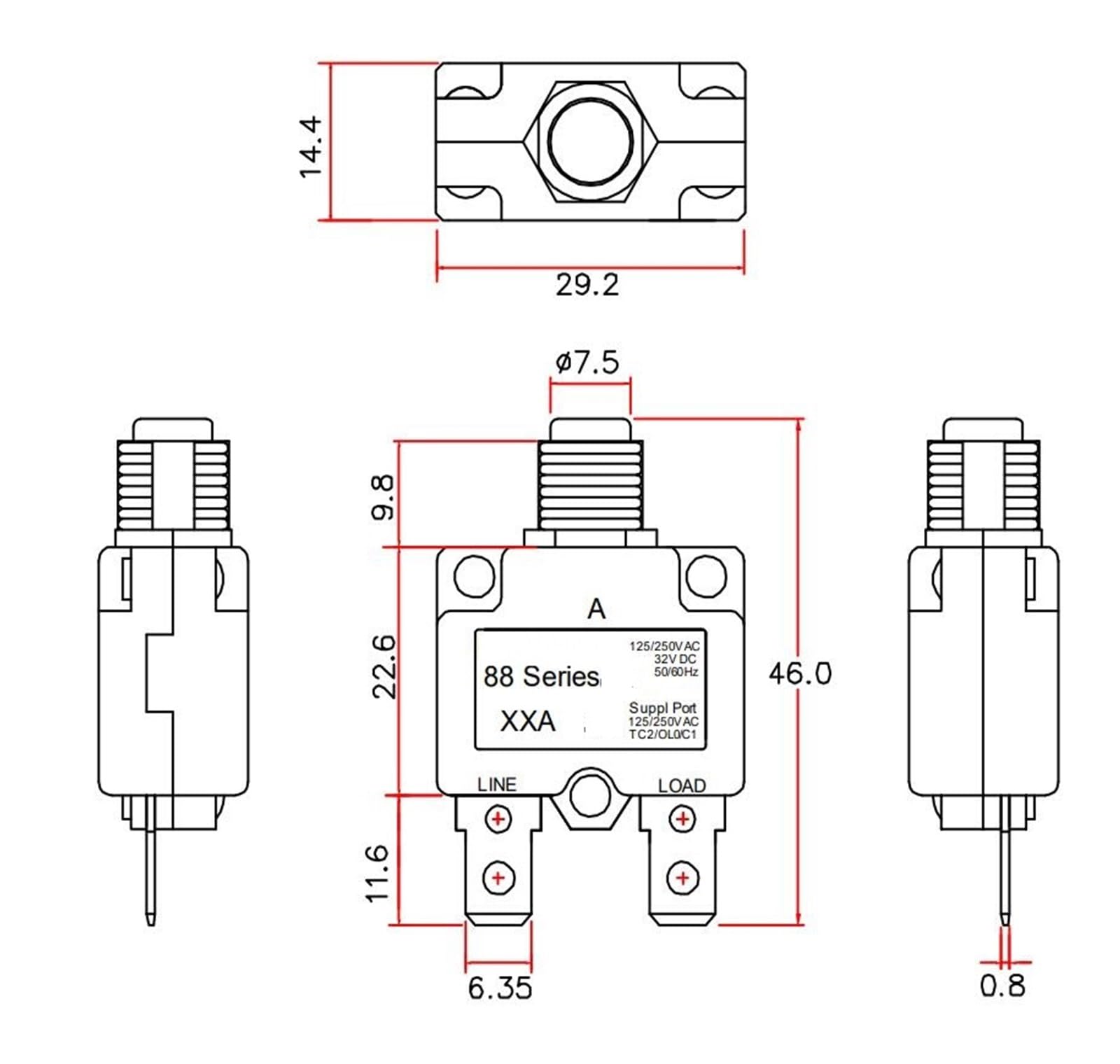 Interruptores automáticos térmicos, Disyuntor de protección contra sobrecarga térmica con reinicio automático, Serie 88, 3-30 A, for compresor de Aire(7a)