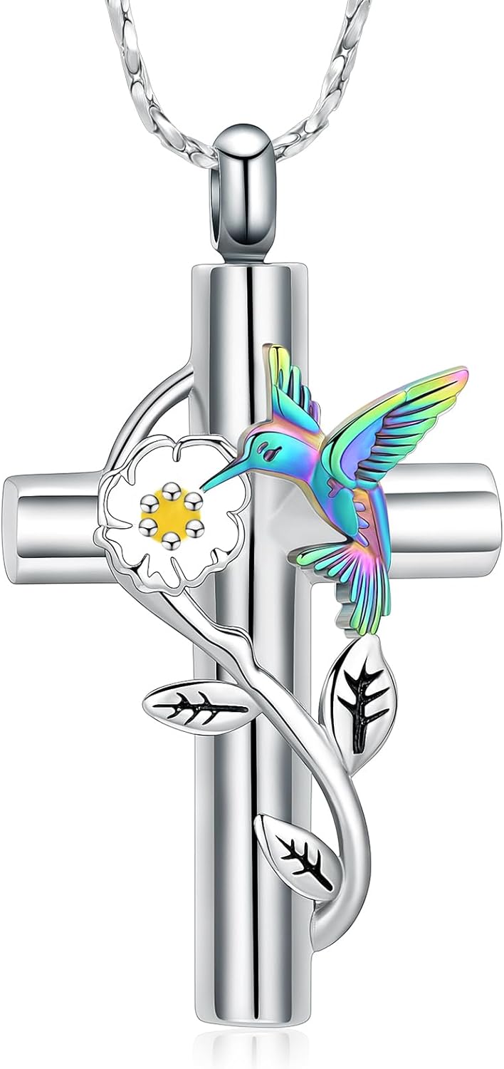 Cross Hummingbird Urn Necklace for Ashes Flower Ashes Pendant Memorial Necklace Cremation Jewelry Ashes Keepsakes Necklace Gift for Loss of Loved Ones Memorial Jewelry