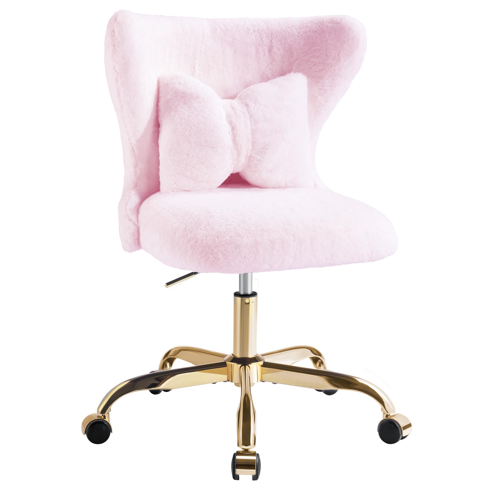 Silla de tocador con ruedas, color dorado, silla de escritorio para niña, silla giratoria para oficina en casa con cojín, altura regulable, color rosa